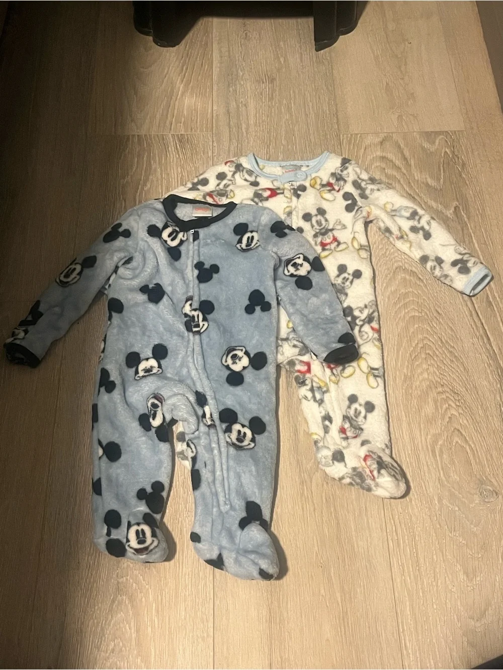 Disney Mickey Mouse Pack of Two Fleece Footed One-Pieces in Blue and Cream